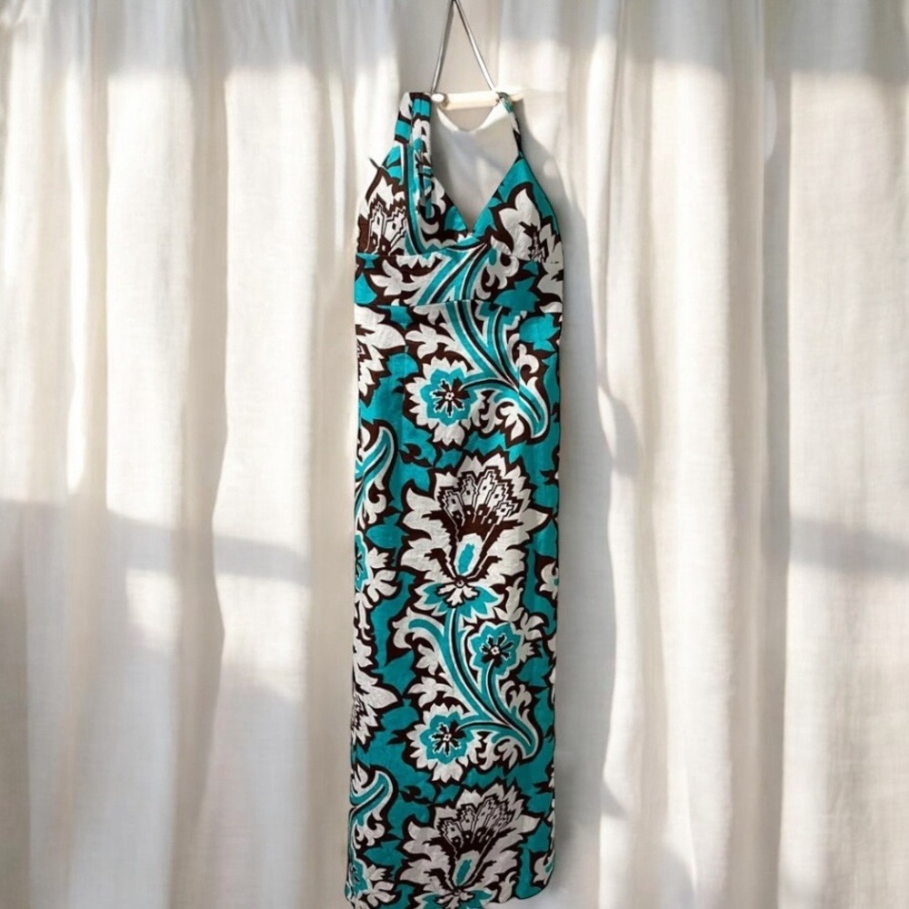 Milly Floral Halter Dress in Teal and Brown cotton